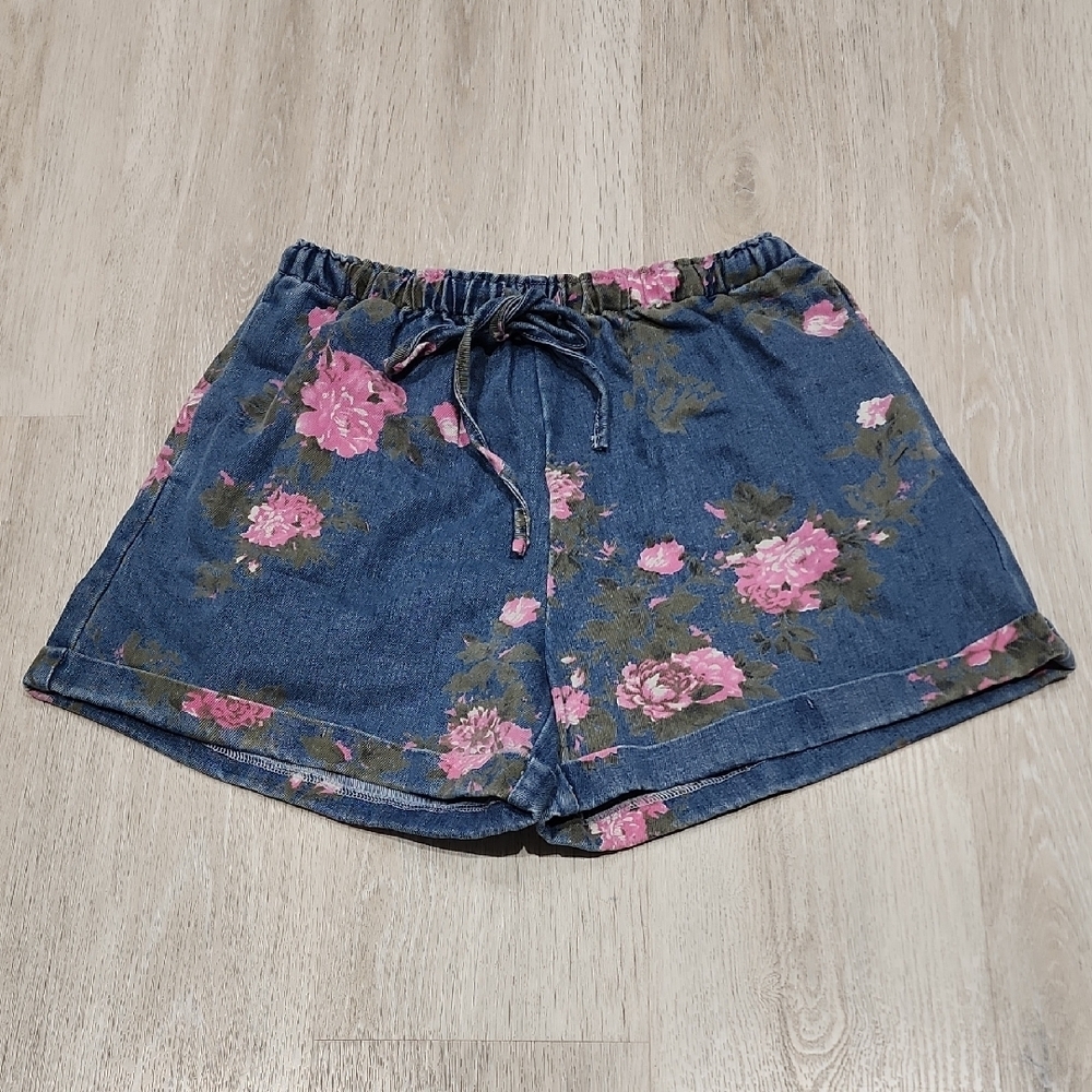 BiBi Blue Floral Drawstring Jean Shorts with Pink Roses